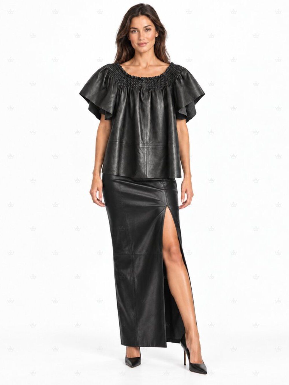 Tanya Taylor Black Lambskin Leather Smocked Flutter Sleeve Blouse Size Six